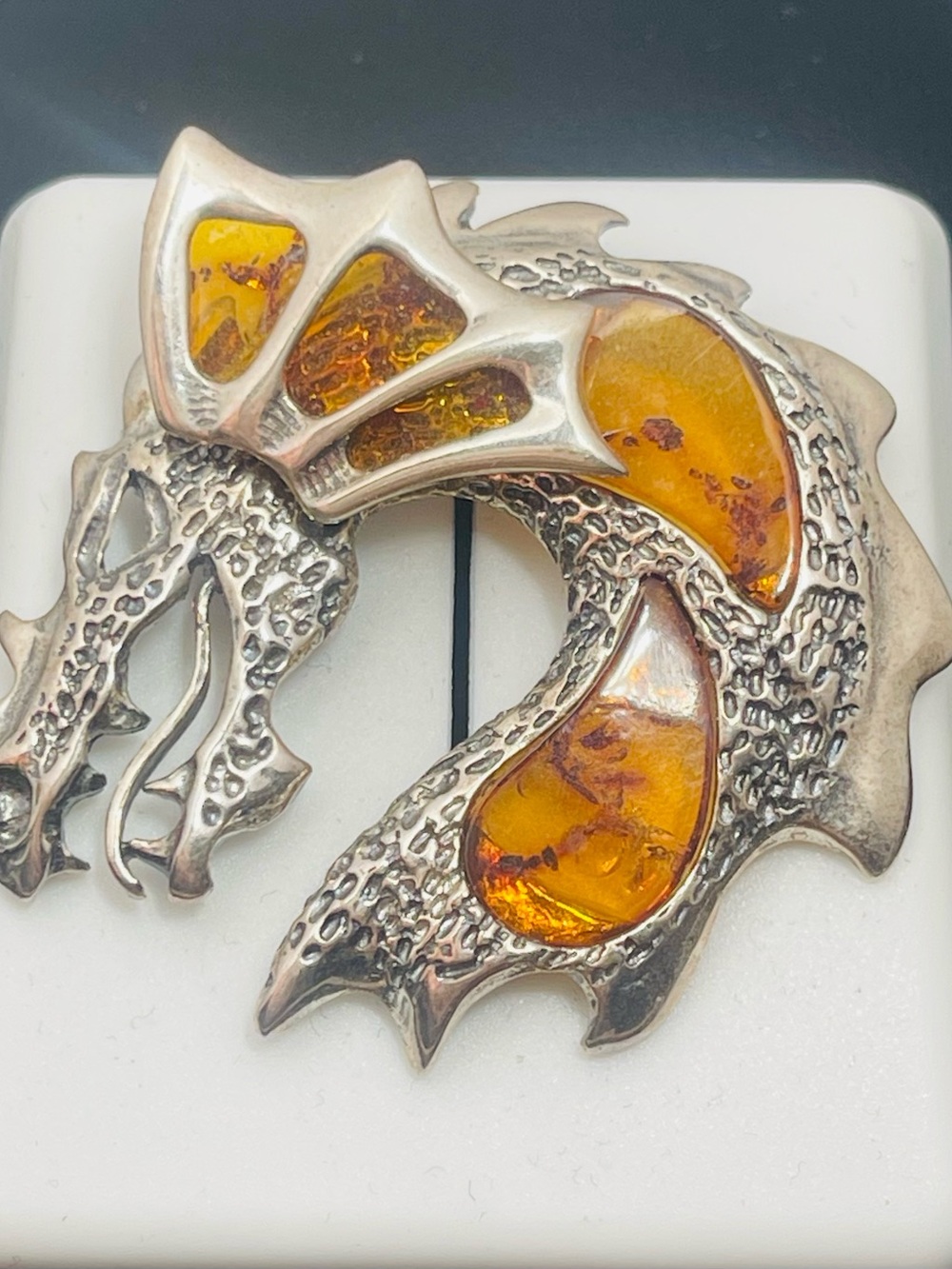 Sterling silver amber dragon pendant moving ear